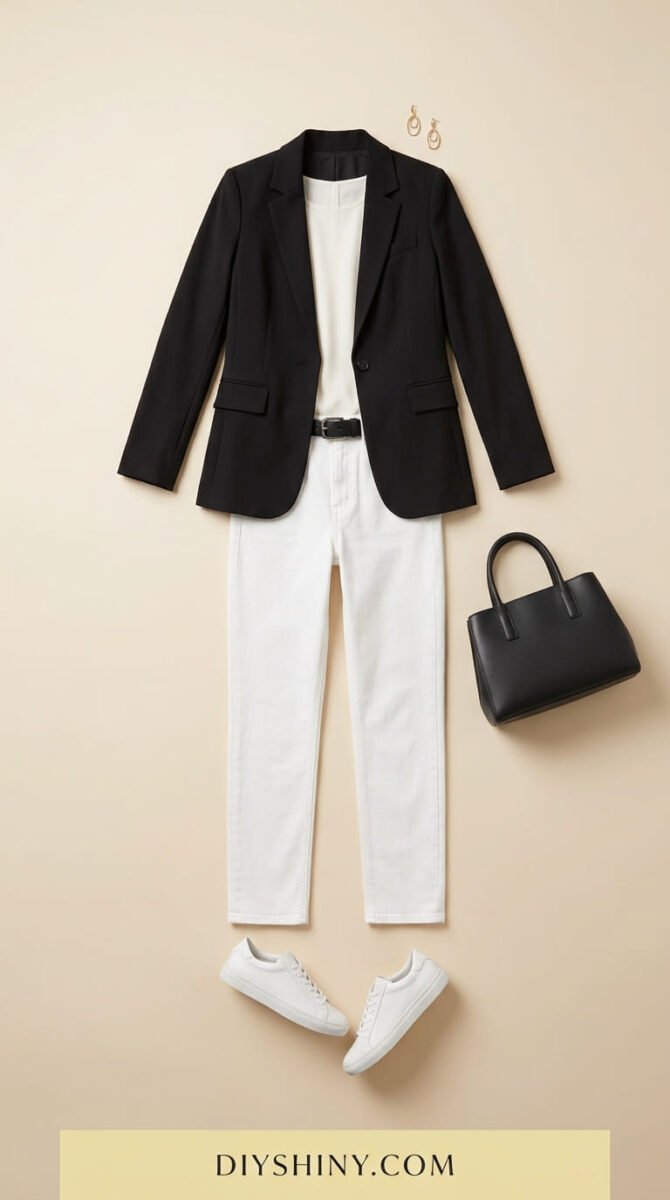 Black blazer with white top white jeans black belt black handbag and white sneakers