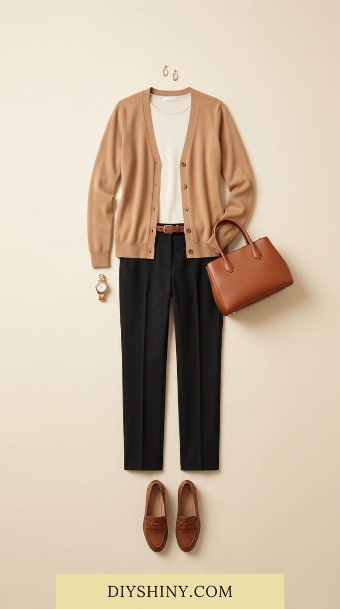 Camel cardigan with cream top black trousers brown belt cognac handbag and brown loafers