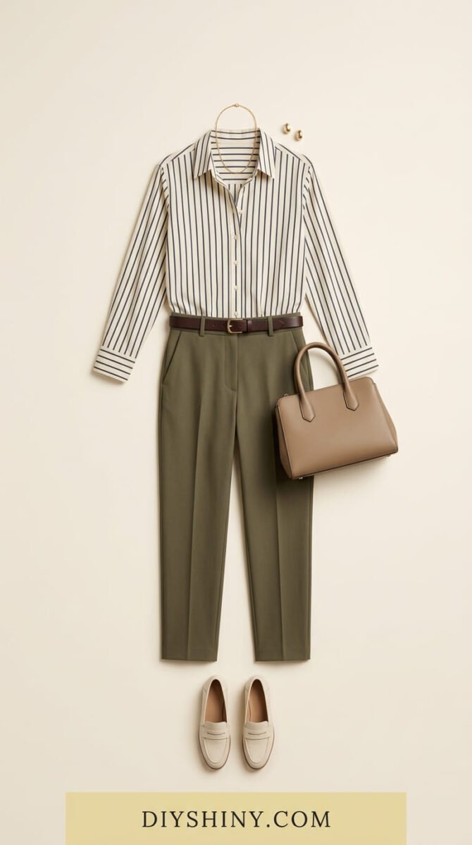 Striped button-down shirt with olive green trousers brown belt tan handbag and cream loafers