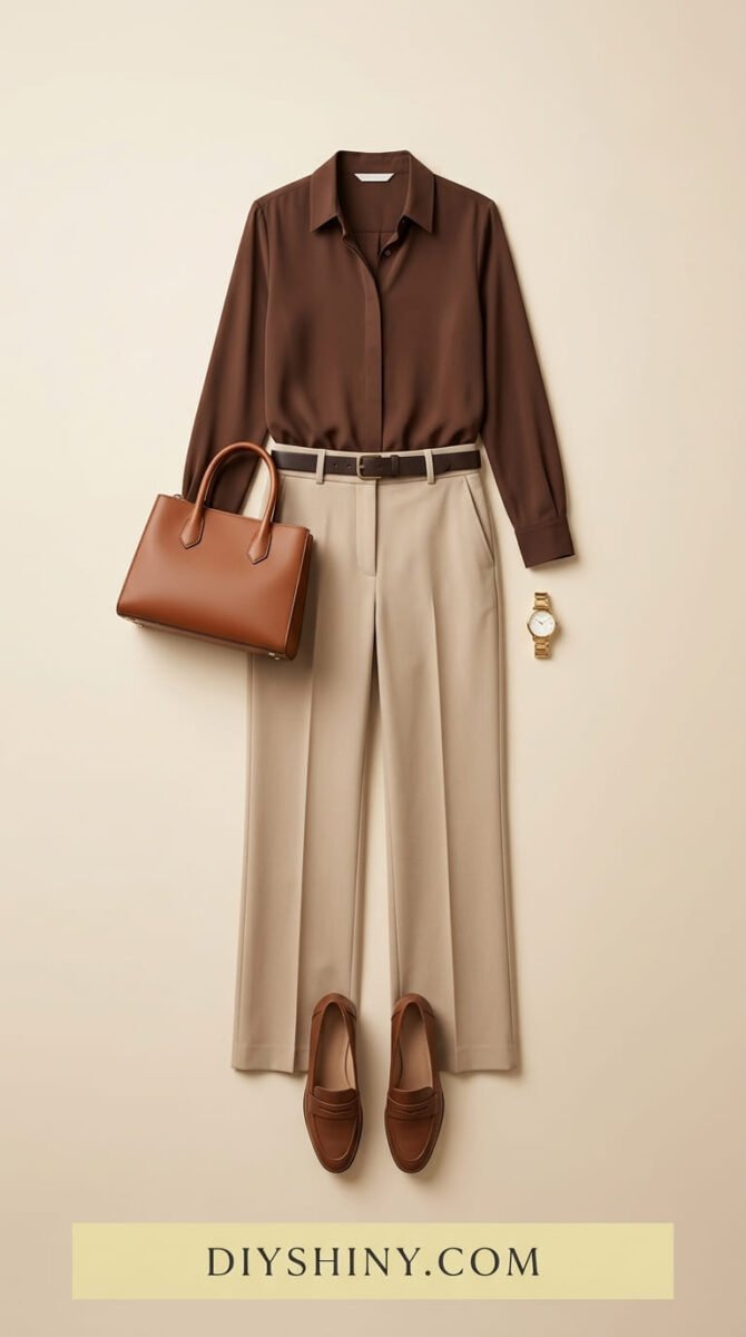 Chocolate brown blouse with cream trousers dark brown belt cognac handbag and brown loafers