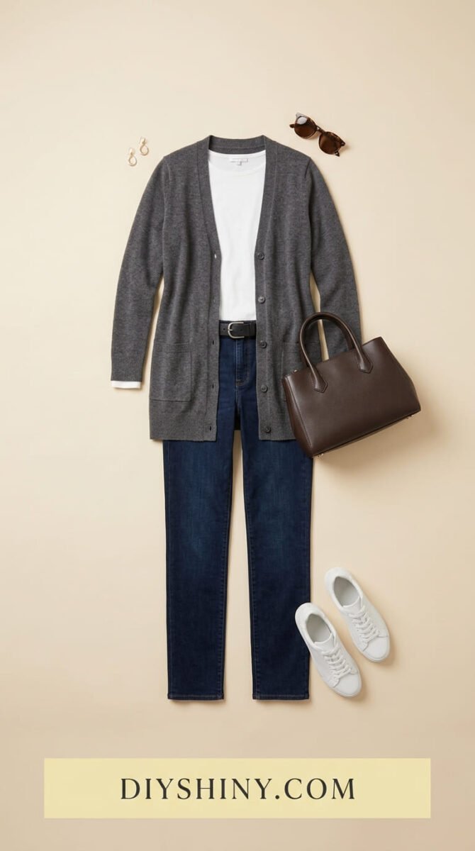 Gray cardigan with white top dark blue jeans black belt brown handbag and white sneakers